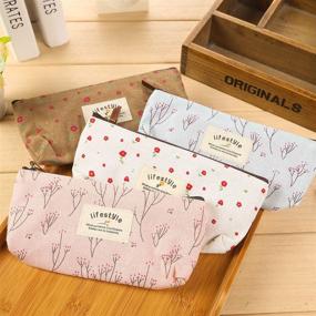 img 2 attached to 🌸 AKIRO Pencil Case: Cute Floral Flower Canvas Zipper Pencil Cases - Lovely Fabric Flower Tree Pen Bags - School Supplies 4 Pcs