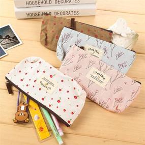 img 3 attached to 🌸 AKIRO Pencil Case: Cute Floral Flower Canvas Zipper Pencil Cases - Lovely Fabric Flower Tree Pen Bags - School Supplies 4 Pcs