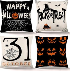 img 4 attached to 🎃 YGEOMER Set of 4 Halloween Pillow Covers 18×18 Inch - Trick or Treat Pillows, Rustic Linen Sofa Couch Holiday Decorations, Throw Pillow Cases for Halloween Décor