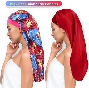 img 2 attached to 🌙 2-Pack Long Satin Sleep Cap for Women - Ideal for Big Braids - Includes Hairband