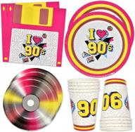 🎉 90's party supplies set with 24 9" paper plates, 24 7" plates, 24 9 oz cups, and 50 lunch napkins - perfect for computer fun theme, floppy disk, cd, i love the 1990's throwback neon retro birthday celebration decor logo