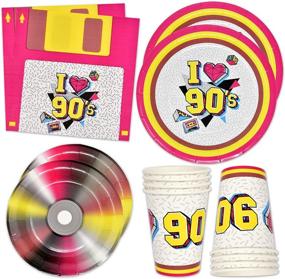 img 4 attached to 🎉 90's Party Supplies Set with 24 9" Paper Plates, 24 7" Plates, 24 9 Oz Cups, and 50 Lunch Napkins - Perfect for Computer Fun Theme, Floppy Disk, CD, I Love The 1990's Throwback Neon Retro Birthday Celebration Decor