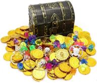 🏴 kids pirate treasure chest toy box antique color with lock: perfect party favors, decorations, and storage solution! includes 100 plastic gold coins, gems, earrings, rings, and necklace! logo