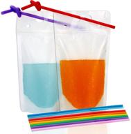 🥤 50-piece clear drink pouches bags with reclosable zipper, smoothie bags with heavy duty hand-held translucent stand-up design, 2.4 inches bottom gusset - includes 50 straws logo