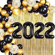 2022 new year's eve party supplies - happy new year balloon garland in black gold, 2022 balloons & fringe curtain for new year's party décor logo