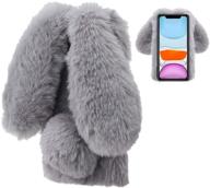 🐰 lchda rabbit case for samsung galaxy a01: cute 3d bunny ears, furry hairball & plush fur, grey logo