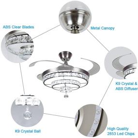 img 2 attached to 💡 DLLT Crystal Ceiling Fan with Light, 36W Modern Ceiling Fan Remote, 3-Blade Retractable LED Fan Chandelier for Living Room, Bedroom, Dining Room, Indoor/Outdoor, Color Changeable 3000K-6000K, Nickel