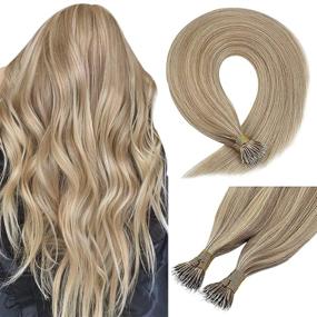 img 4 attached to 💇 18 inch Sunny Nano Tip Remy Hair Extensions in Ash Blonde Mix and Bleach Blonde. 50g Micro Loop Human Hair Extensions with Blonde Highlights.