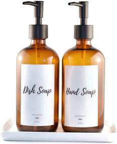img 4 attached to 🧼 Amber Glass Soap Dispenser Set of 2 - 16oz Bottles with Pump and Melamine Tray. Refillable Dispensers for Hand Soap, Dish Soap, or Lotion in Bathroom/Kitchen. Ideal for SEO!