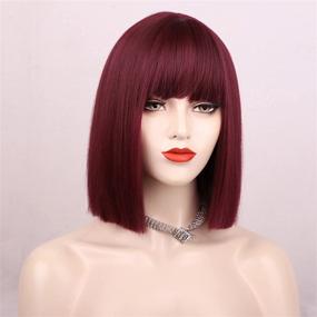 img 1 attached to 🎃 ENTRANCED STYLES Short Bob Wig with Bangs in Burgundy - Wine Red Heat Resistant Synthetic Hair Wig for Women, Perfect for Halloween Cosplay and Bachelorette Parties