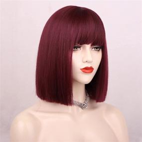 img 2 attached to 🎃 ENTRANCED STYLES Short Bob Wig with Bangs in Burgundy - Wine Red Heat Resistant Synthetic Hair Wig for Women, Perfect for Halloween Cosplay and Bachelorette Parties