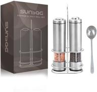 sunbag set of 2 electric salt and pepper grinders - battery operated stainless steel mills with led light, adjustable coarseness, one-handed operation, includes stainless steel spoon logo