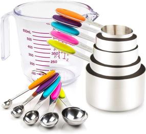 img 4 attached to 📏 11 Piece Stainless Steel Measuring Cups and Spoons Set with Plastic Measuring Cup. Complete Liquid and Dry Metal Measuring Cups Set.