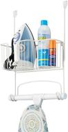 🧺 mdesign metal over door ironing board holder with large storage basket - organize laundry essentials and ironing supplies - perfect for laundry room, garage, or utility room - white logo