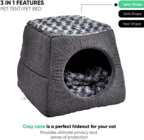 img 3 attached to 🐱 Luxury ICONYC Cat Bed: 3-in-1 Pet Bed/Cave with Removable Cushion and Fleece Blanket - Perfect for Cats, Kittens, and Small Dogs - Foldable Indoor/Outdoor Igloo Bed, Grey (15.7x15.7x13.7 inches)