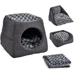 img 4 attached to 🐱 Luxury ICONYC Cat Bed: 3-in-1 Pet Bed/Cave with Removable Cushion and Fleece Blanket - Perfect for Cats, Kittens, and Small Dogs - Foldable Indoor/Outdoor Igloo Bed, Grey (15.7x15.7x13.7 inches)