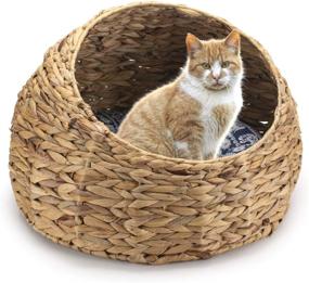 img 4 attached to 🐱 DOKOT Woven Cat Bed: Cozy Water Hyacinth Pet House with Pillow - Perfect Round Basket for Indoor Cats - Premium Furry Cat Condo Hut