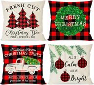 🎄 set of 4 pandicorn farmhouse christmas pillow covers 18x18 - black and red buffalo plaid check decorations for christmas, trees, truck, wreath - holiday home and outdoor throw pillow cases логотип