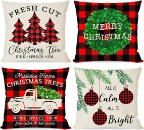 img 4 attached to 🎄 Set of 4 PANDICORN Farmhouse Christmas Pillow Covers 18x18 - Black and Red Buffalo Plaid Check Decorations for Christmas, Trees, Truck, Wreath - Holiday Home and Outdoor Throw Pillow Cases