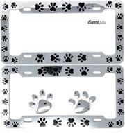 🐾 pet dog cat paws print design license plate frame (set of 2) with 2pcs 3d chrome dog paw footprint sticker decal logo