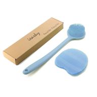 long handle silicone bath body brush exfoliator for shower with soft bristles - includes back scrubber and brushing gloves logo