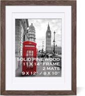 🖼️ rustic solid wood picture frame 11x14 - distressed brown, displaying pictures 9x12 or 8x10 with mat, or without mat for 11x14 frame - farmhouse wooden photo frame with 2 mats for wall mounting or tabletop логотип