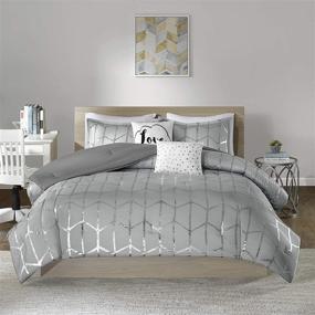 img 4 attached to 🌧️ ID10-1245 Raina Comforter Set - Metallic Geometric Design, Modern Trendy Bedding Set - All Season, King/Cal King Size - Matching Sham & Decorative Pillow - Grey/Silver - 5 Piece