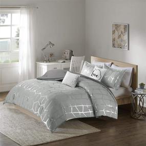 img 1 attached to 🌧️ ID10-1245 Raina Comforter Set - Metallic Geometric Design, Modern Trendy Bedding Set - All Season, King/Cal King Size - Matching Sham & Decorative Pillow - Grey/Silver - 5 Piece