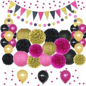 img 4 attached to Vibrant Hot Pink, Gold, and Black Party Decorations: Premium 50 Piece Party 💖 Supply Set Featuring Paper Pom Poms, Lanterns, Garlands, Balloons, and Confetti Kit (Hot Pink)