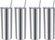 set of 4 slim insulated stainless steel travel tumbler - 🍹 20 oz skinny tumbler with lid and straw for diy birthday gift, silver logo