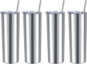 img 4 attached to Set of 4 Slim Insulated Stainless Steel Travel Tumbler - 🍹 20 Oz Skinny Tumbler with Lid and Straw for DIY Birthday Gift, Silver