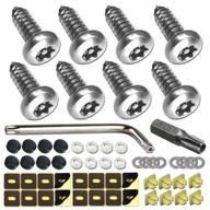enhanced security license plate screws: anti-theft tamper-proof car tag bolts set with stainless steel mounting hardware kit, rust-proof 1/4 metric m6 self-tapping screws, insert nuts, black caps, and pointed design logo