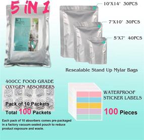 img 3 attached to 🛍️ 100 Count Pack of Resealable Stand-Up Zipper Pouches with Oxygen Absorbers and Labels - 1 Gallon 10"x14", 7"x10", and 5"x7" Heat Sealable Bags for Long-Term Food Storage