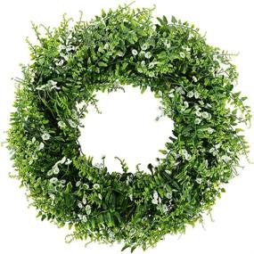 img 4 attached to 🌿 20 Inch Boxwood Themed Green Wreath with Babies Breath Flowers - Ideal for Indoor and Outdoor Decor, All Seasons, Wall Window Door