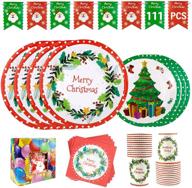 premium 111 pcs christmas paper plates and napkins set - serve 24 - disposable party supplies 🎄 - includes 24 dinner plates, 24 dessert plates, 24 napkins, 24 cups, 1 banner - christmas ornament theme logo