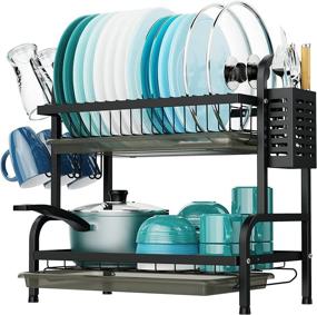 img 4 attached to 🏺 2 Tier Dish Drying Rack with Cup Holder, Drainboard, and Utensil Holder - Large Capacity Kitchen Countertop Dish Drainer for Space Saving by iSPECLE