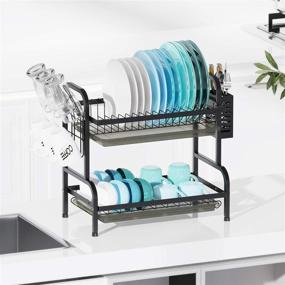 img 3 attached to 🏺 2 Tier Dish Drying Rack with Cup Holder, Drainboard, and Utensil Holder - Large Capacity Kitchen Countertop Dish Drainer for Space Saving by iSPECLE