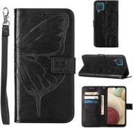 🦋 a12 phone case wallet: galaxy a12 case with kickstand, wrist strap, and card holder slots - butterfly floral design, pu leather flip cover for samsung a12 (black) logo