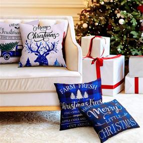 img 1 attached to Farmhouse Christmas Blue Pillow Covers - Set of 4 Holiday Linen Pillow Cases for Sofa Couch Home Decorations - 18x18 Inch Christmas Throw Pillow Covers