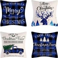 farmhouse christmas blue pillow covers - set of 4 holiday linen pillow cases for sofa couch home decorations - 18x18 inch christmas throw pillow covers logo