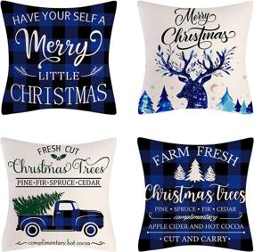 img 4 attached to Farmhouse Christmas Blue Pillow Covers - Set of 4 Holiday Linen Pillow Cases for Sofa Couch Home Decorations - 18x18 Inch Christmas Throw Pillow Covers