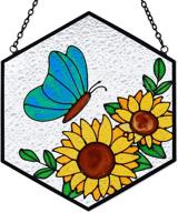 🦋 окрашенная стеклянная бабочка "colorful stained glass butterfly sunflower suncatcher window hanging ornament": ручная роспись двусторонней стеклянной панели с шестиугольной формой для пропускания света, украшение для окон на рождество, день святого валентина и в качестве подарка к началу нового учебного года. логотип