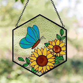 img 3 attached to 🦋 Окрашенная стеклянная бабочка "Colorful Stained Glass Butterfly Sunflower Suncatcher Window Hanging Ornament": ручная роспись двусторонней стеклянной панели с шестиугольной формой для пропускания света, украшение для окон на Рождество, День Святого Валентина и в качестве подарка к началу нового учебного года.