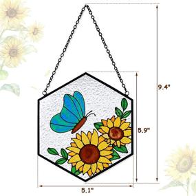 img 2 attached to 🦋 Окрашенная стеклянная бабочка "Colorful Stained Glass Butterfly Sunflower Suncatcher Window Hanging Ornament": ручная роспись двусторонней стеклянной панели с шестиугольной формой для пропускания света, украшение для окон на Рождество, День Святого Валентина и в качестве подарка к началу нового учебного года.