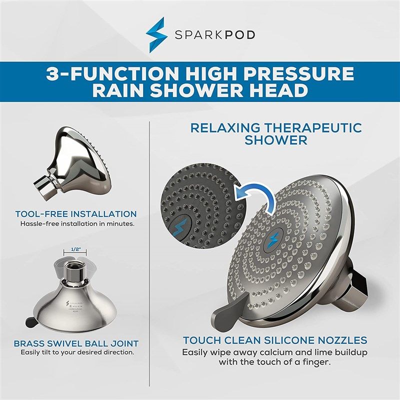 SparkPod Shower Head - High Pressure Rain - Luxury Modern Chrome Look -  Tool-less 1-Min Installation - Adjustable Replacement for Your Bathroom  Shower