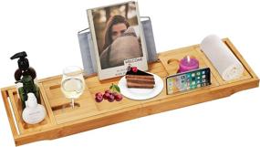 img 4 attached to 🛁 Olebes Expandable Bamboo Bathtub Caddy Tray - Wood Bath Tray Organizer with Book and Wine Glass Holder & Cell Phone Slot for Spa, Bathroom, and Shower