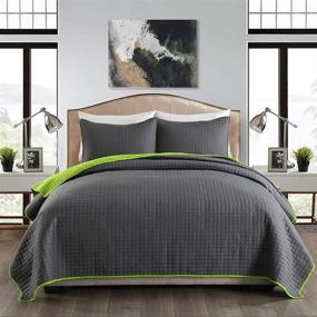 img 3 attached to 🛏️ JML 3 Piece Reversible King Size Quilt Set - Soft Lightweight Bedspread with Pillow Shams, 320GSM Microfiber Coverlet (92x104 inches, Charcoal Gray/Lime Green) - No Fading, Shrink Resistant