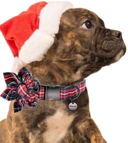 img 1 attached to Red Plaid Cotton Dog Collar with Bowtie, Christmas-themed | Adjustable & Comfortable for Small, Medium, and Large Dogs - DOGWONG