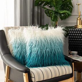 img 4 attached to 💙 Kevin Textile Pack of 2 Faux Fur Pillow Covers Throw Pillows Cases, Luxury Series Plush Cushion Case Mongolian Style, Teal Gradient, 18x18 inches (45x45 cm)