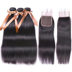 img 4 attached to 🔥 ALLRUN Brazilian Straight Hair Bundles with Closure - 20 22 24 inch + 18 inch Closure - 100% Virgin Human Hair Extensions - Free Part Lace Closure - Natural Black Color